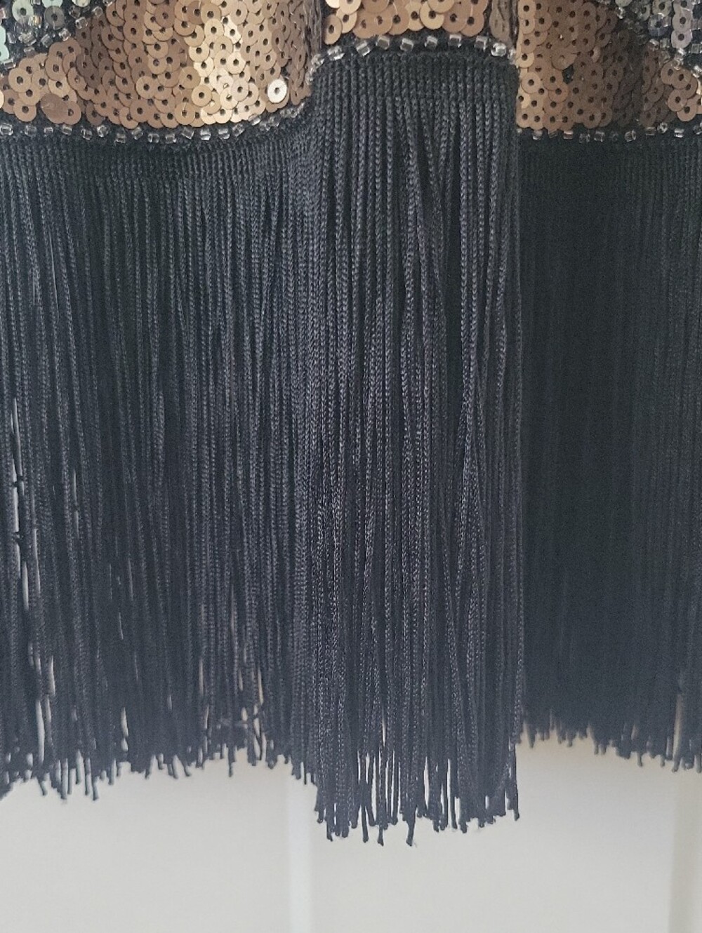 Black Sequin Starburst Midi Flapper Style Dress with Fringe - Picture 3 of 10